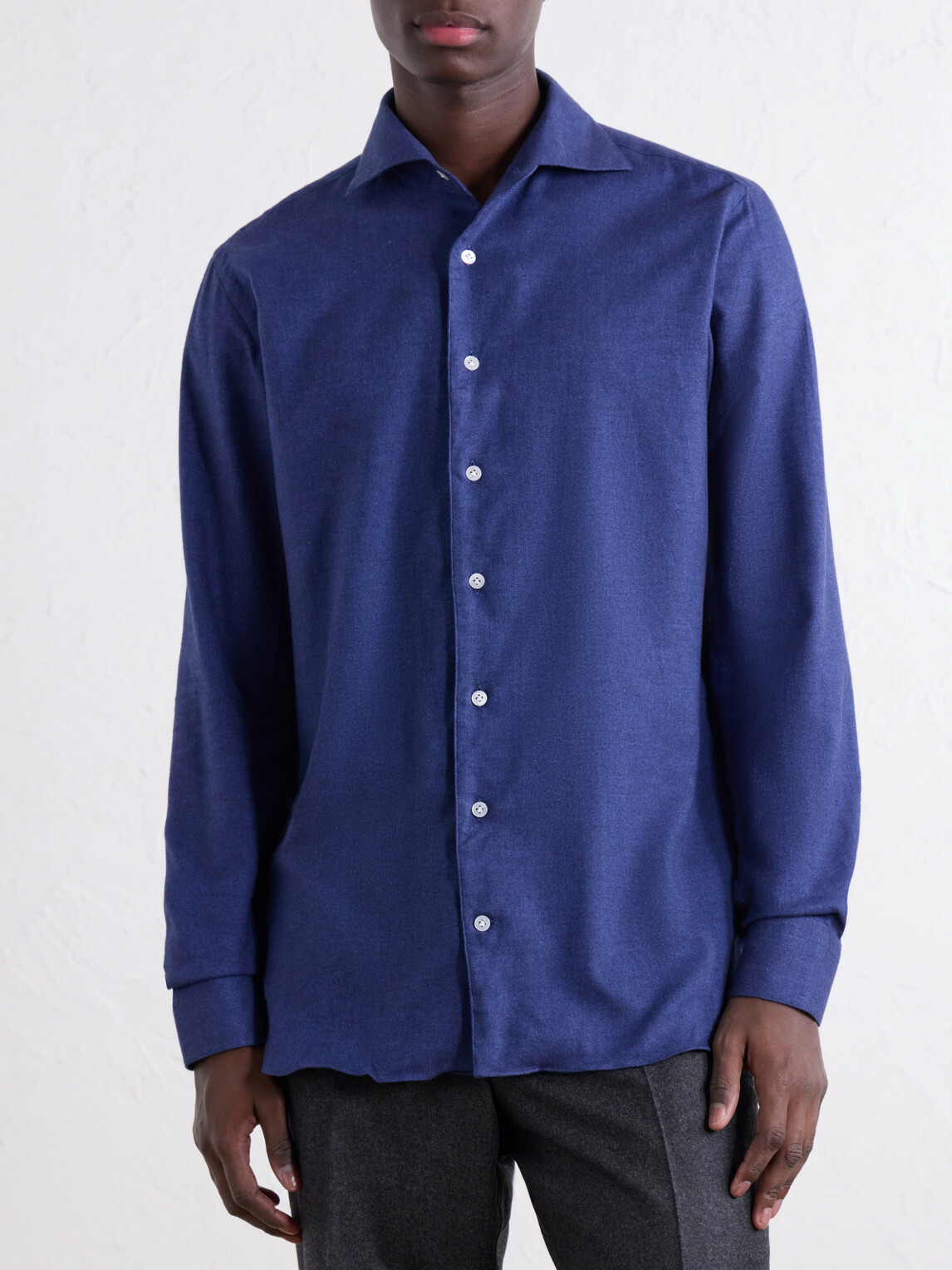 De Petrillo - Cutaway-Collar Brushed Cotton-Twill Shirt - Blue