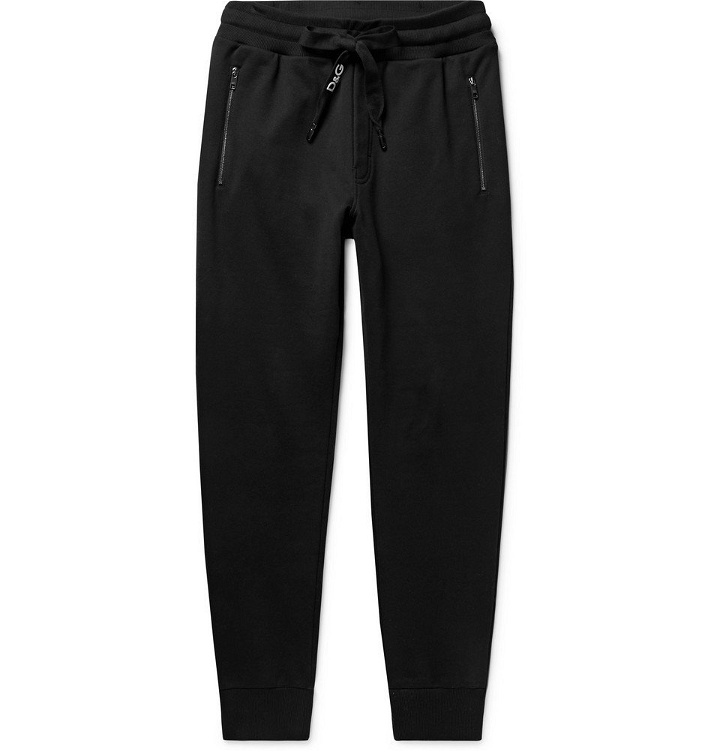 Photo: Dolce & Gabbana - Slim-Fit Tapered Logo-Embroidered Loopback Cotton-Jersey Sweatpants - Men - Black