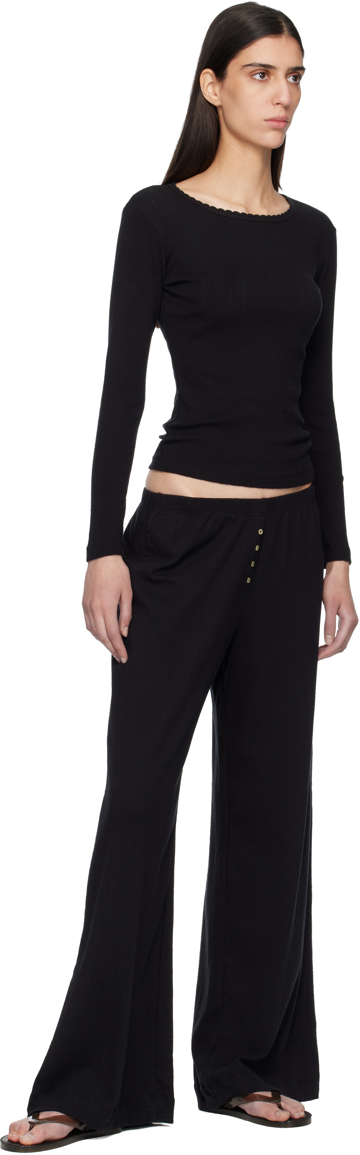 LESET Black Pointelle Slim Fit Long Sleeve T-shirt