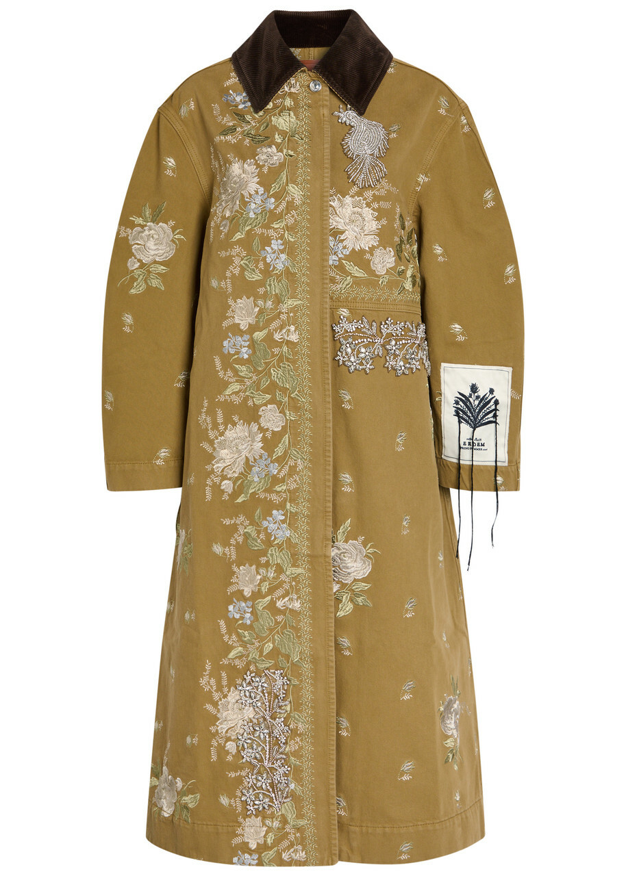 Erdem Embroidered and Embellished Denim Overcoat Camel