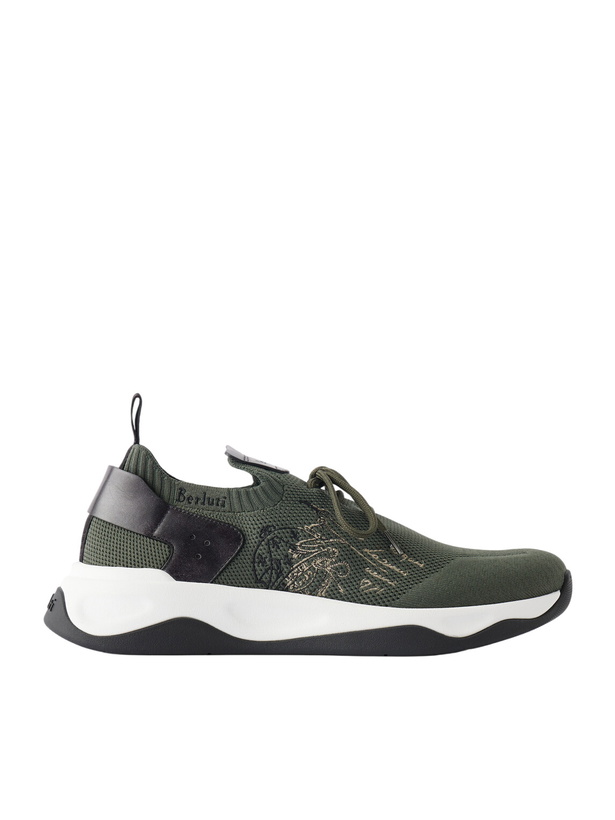 Photo: Berluti - Shadow Logo-Embroidered Leather-Trimmed Stretch-Knit Sneakers - Green