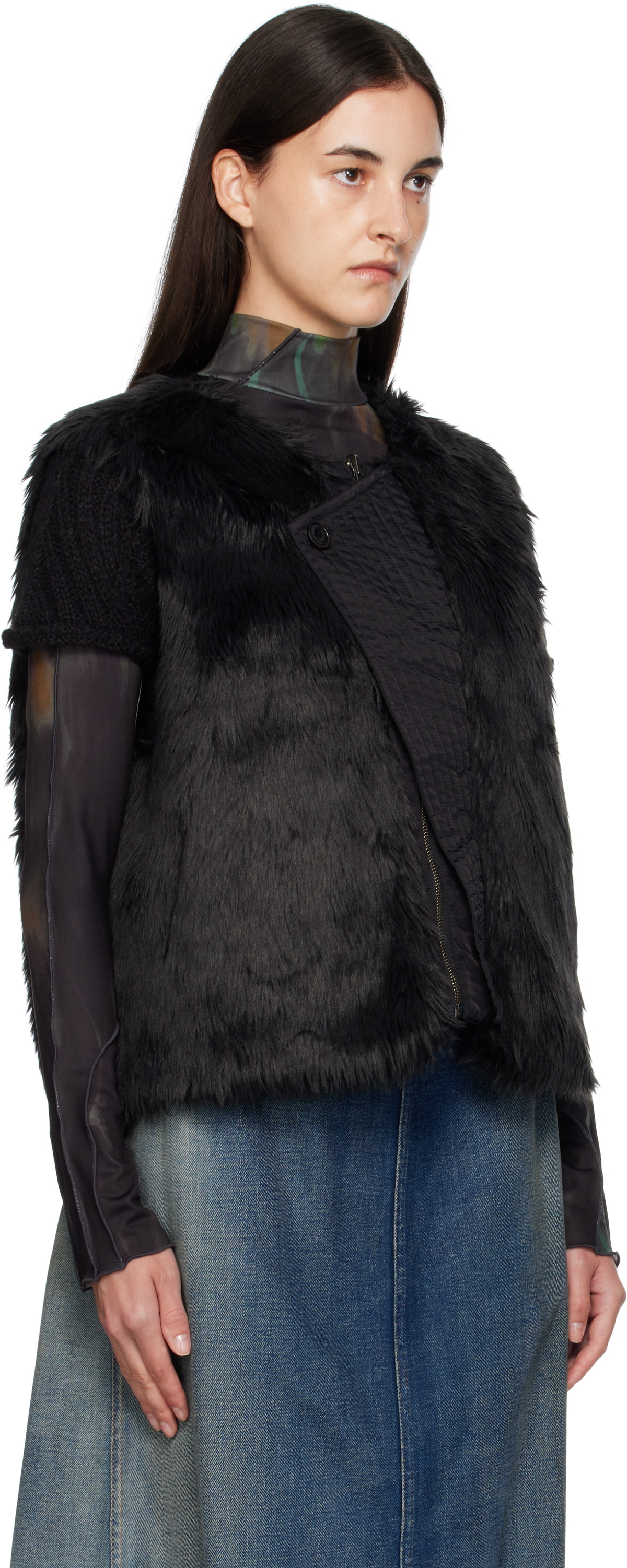 Andersson Bell Black Curved Placket Reversible Faux-Fur Vest