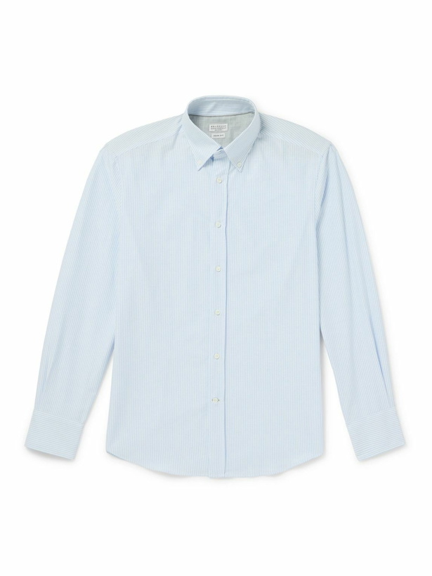 Photo: Brunello Cucinelli - Button-Down Collar Striped Cotton Oxford Shirt - Blue