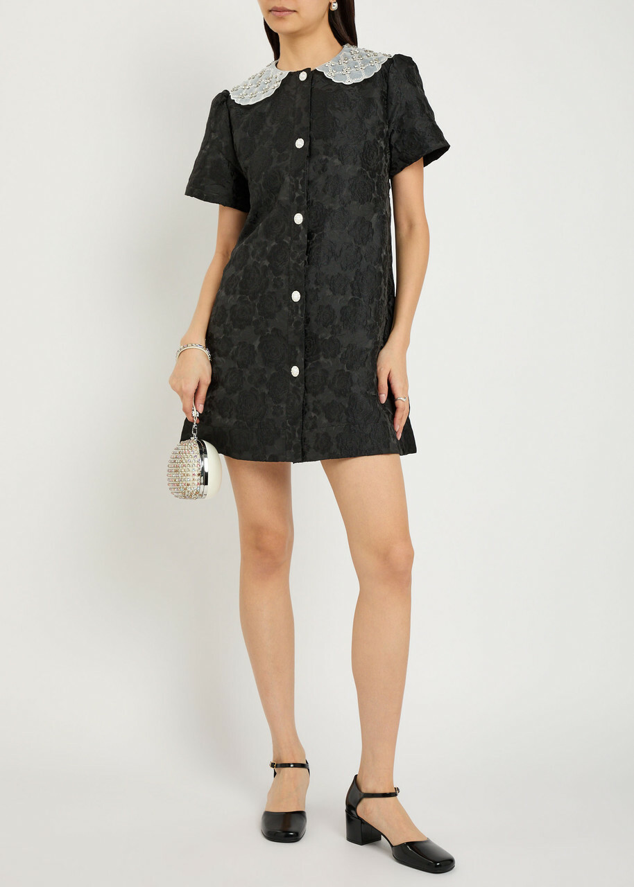 Sister Jane Chandelier Floral-jacquard Woven Mini Dress Black