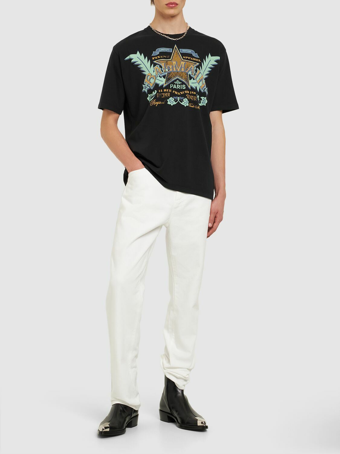 BALMAIN - Logo Western Cotton Printed T-shirt Balmain