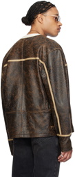 GUESS USA Brown Round Neck Leather Jacket