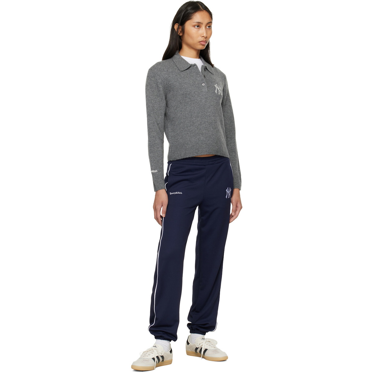 Sporty & Rich Gray Heritage Yankees Serif Cashmere Polo