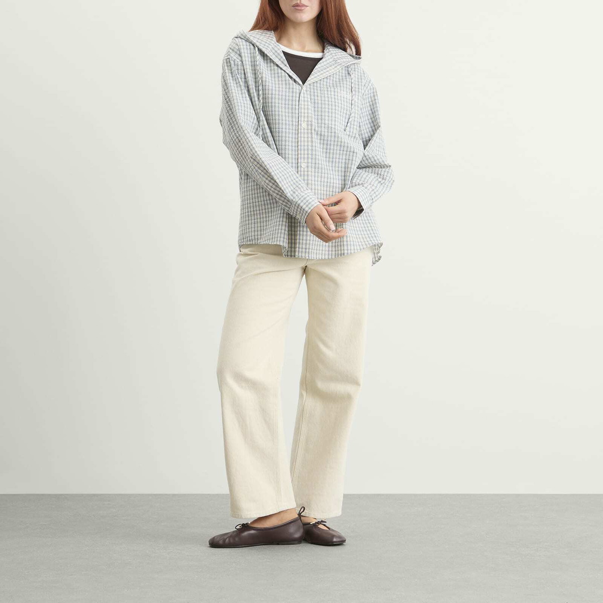 DUNST Women's Classic Hooded Shirt in Cream Check