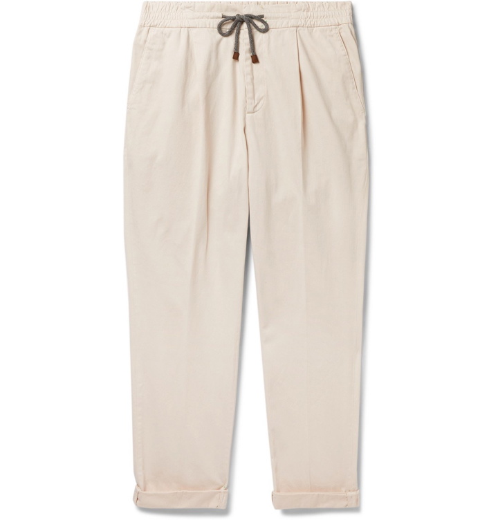 Photo: Brunello Cucinelli - Tapered Pleated Cotton-Blend Twill Drawstring Trousers - Unknown