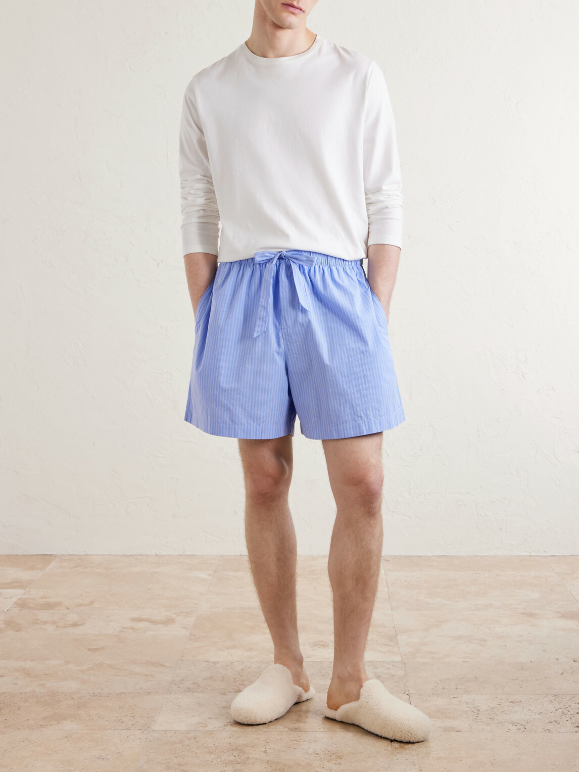 TEKLA - Straight-Leg Striped Organic Cotton-Poplin Shorts - Blue