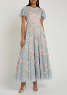 Needle & Thread Lunaria Floral-embroidered Ruffled Tulle Gown Blue