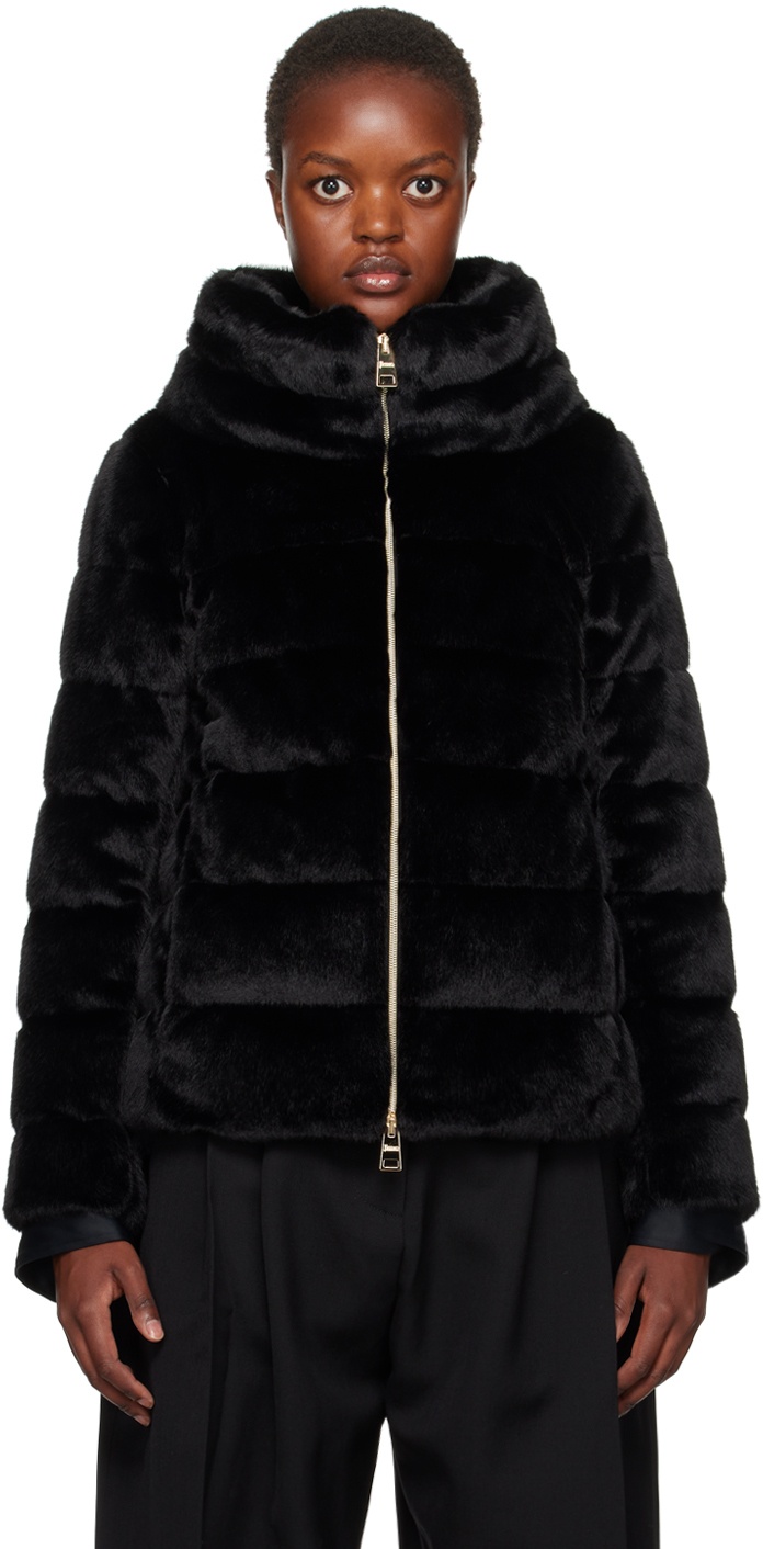 Herno Black Quilted Faux-Fur Down Jacket Herno