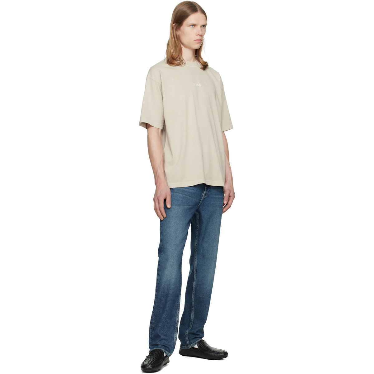 BOSS Beige Relaxed-Fit Cotton Embroidered Logo T-shirt