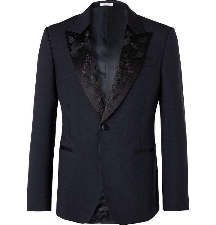 Photo: Alexander McQueen - Navy Slim-Fit Silk-Satin Jacquard-Trimmed Wool and Mohair-Blend Suit Jacket - Blue