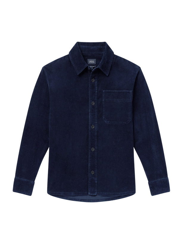 Photo: A.P.C. - Basile Logo-Embroidered Cotton-Corduroy Shirt - Blue