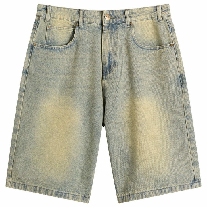 Photo: Butter Goods Men's Scorpion Stitch Denim Shorts in Tinted Light Blue
