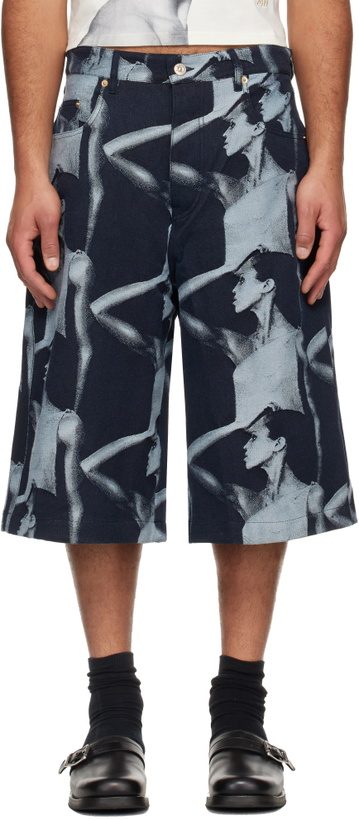 Photo: Wales Bonner Navy Theaster Gates Edition 'The Jet Zip' Denim Shorts