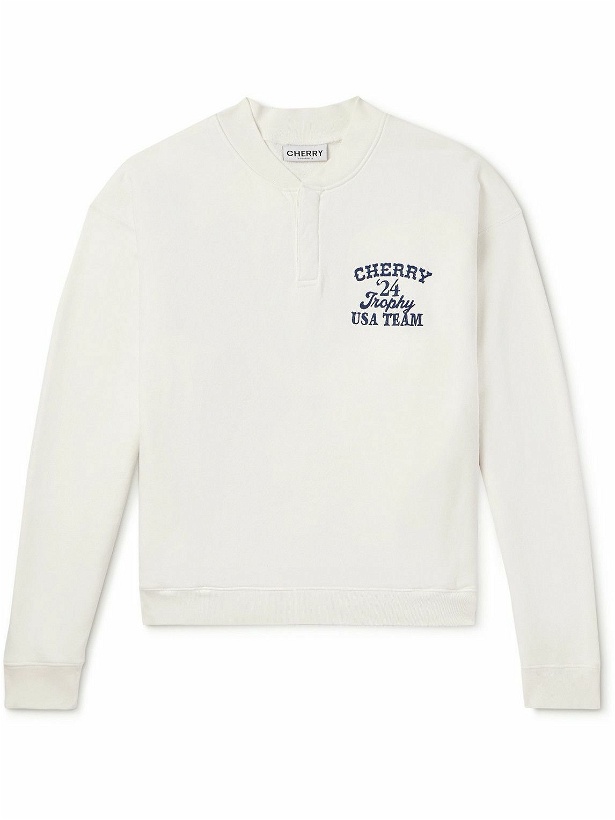 Photo: Cherry Los Angeles - Trophy Embroidered Printed Cotton-Jersey Henley Sweatshirt - Neutrals