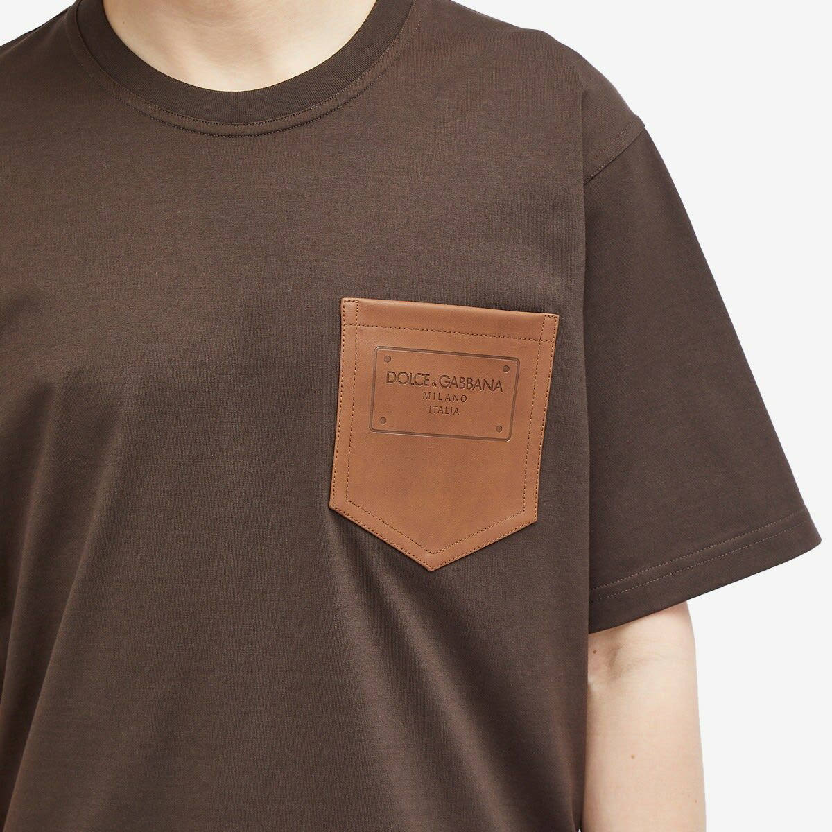 Dolce & Gabbana Men's Leather Pocket T-Shirt in Brown Dolce