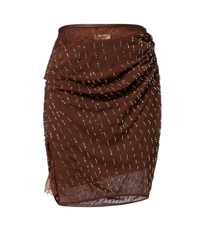 Photo: Jacques Wei Draped embellished lace-trimmed miniskirt