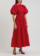 Lovebirds Tiered Belted Cotton Midi Shirt Dress Red