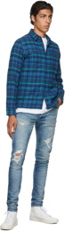 John Elliott Blue Plaid Sly Straight-Hem Shirt