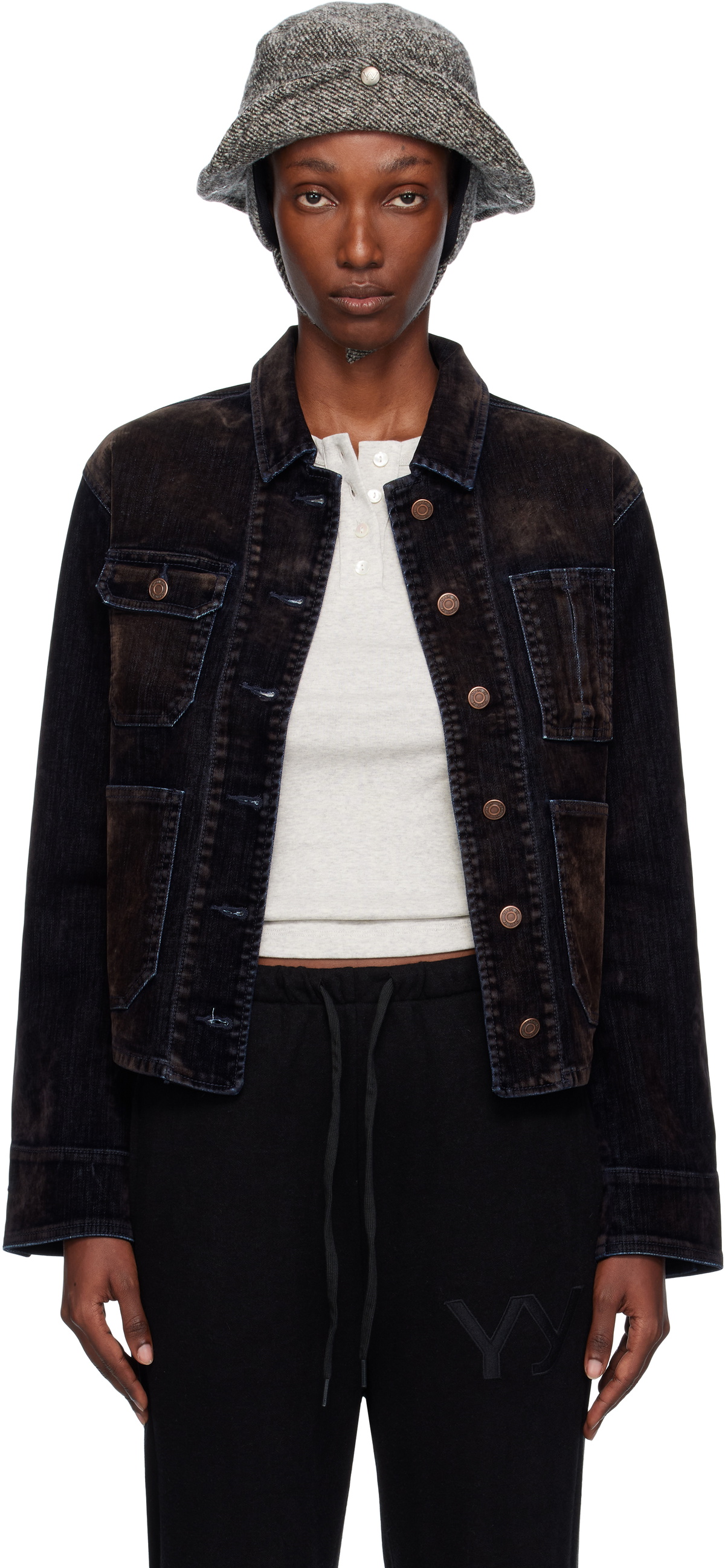 OPEN YY Black Velvet Denim Trucker Jacket