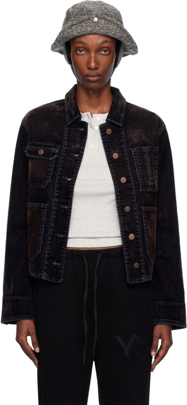 Photo: OPEN YY Black Velvet Denim Trucker Jacket