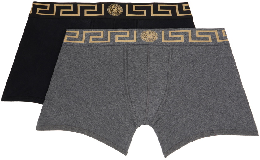 Versace Underwear Two-Pack Black & Gray Greca Border Boxers Versace  Underwear