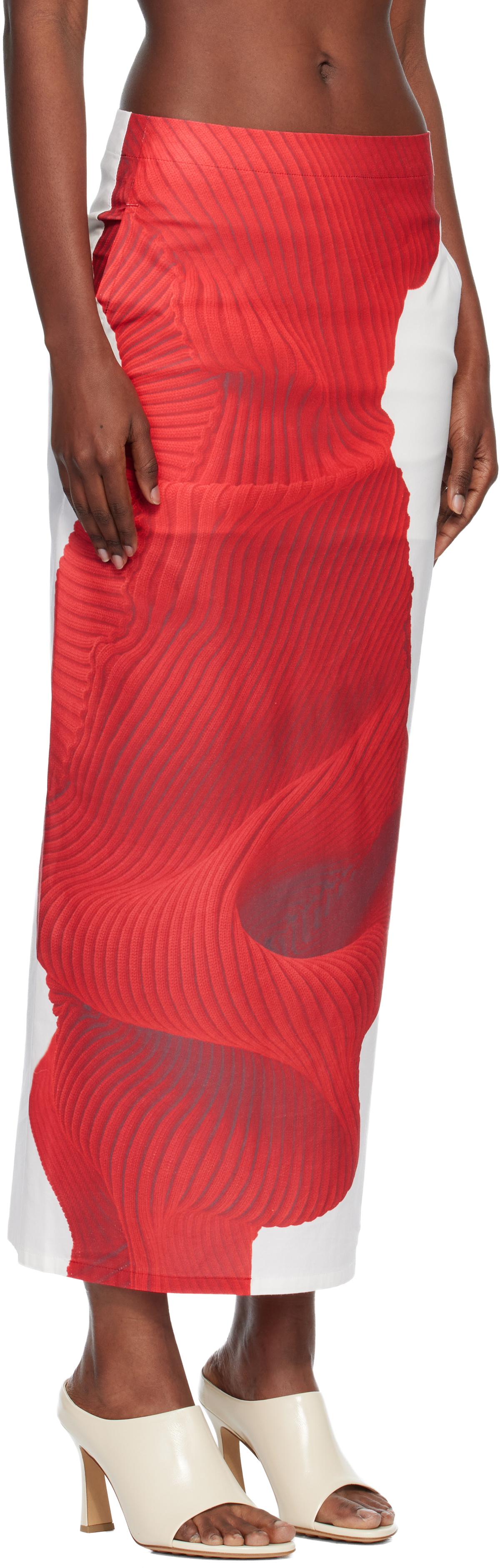 ISSEY MIYAKE White & Red Knit 'As Represented' Midi Skirt