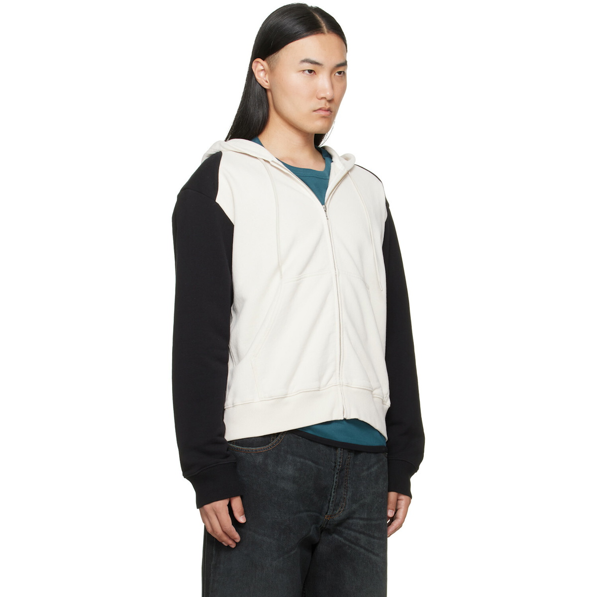 MM6 Maison Margiela Off-White & Black Paneled Zip-Up Hoodie