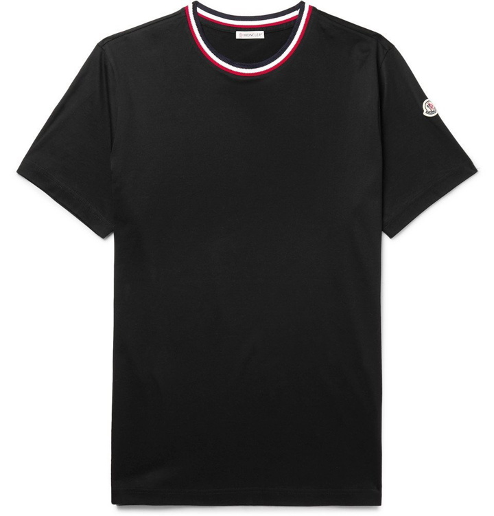 Photo: Moncler - Logo-Appliquéd Stripe-Trimmed Cotton-Jersey T-Shirt - Black