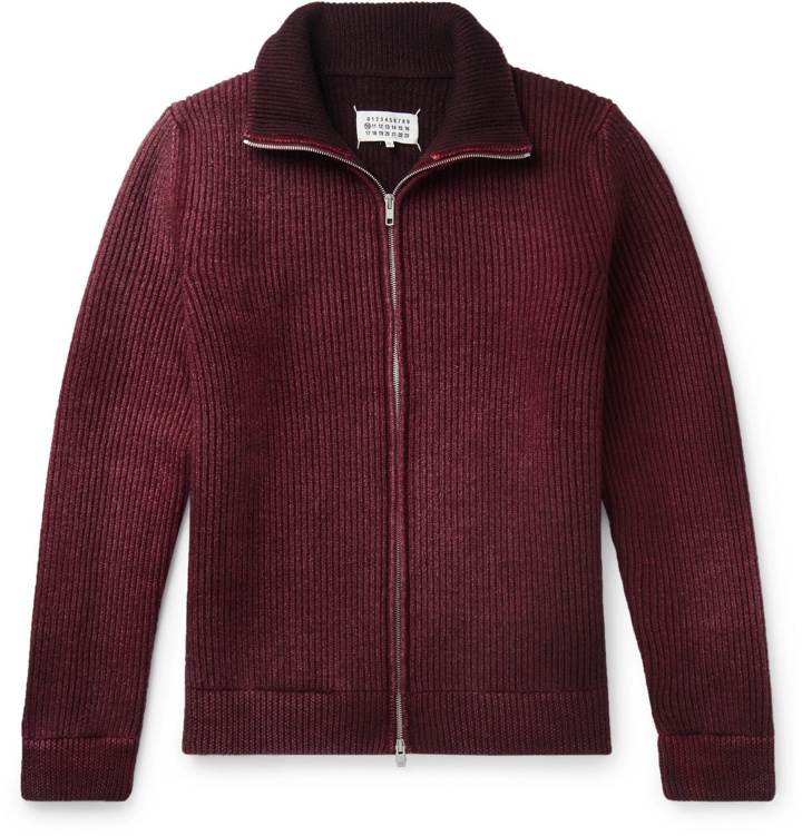 Photo: Maison Margiela - Ribbed Over-Dyed Wool Zip-Up Sweater - Burgundy