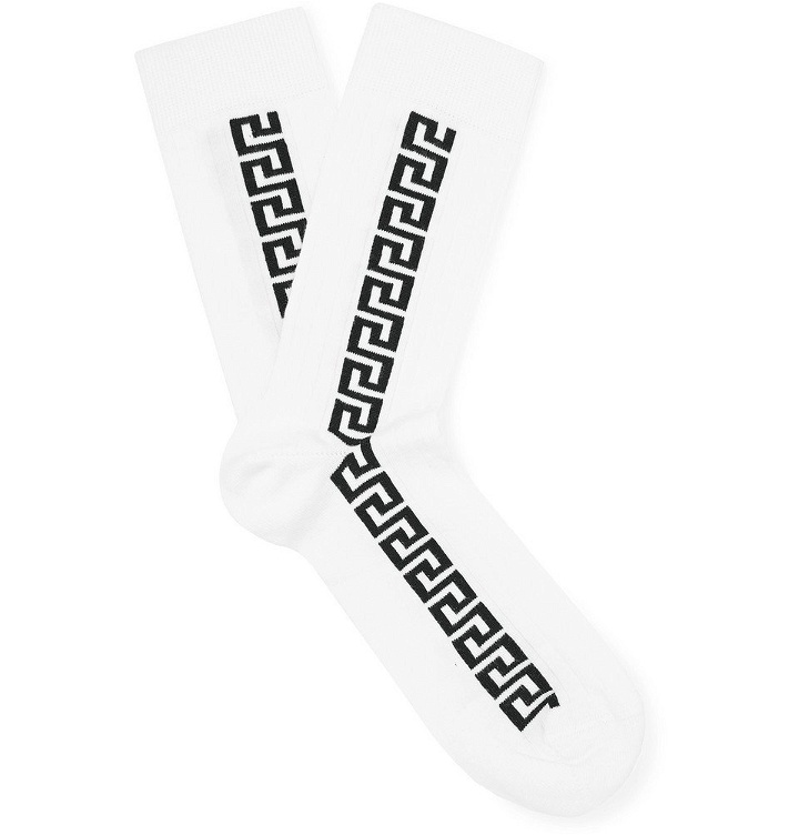 Photo: Versace - Logo-Intarsia Stretch Cotton-Blend Socks - White