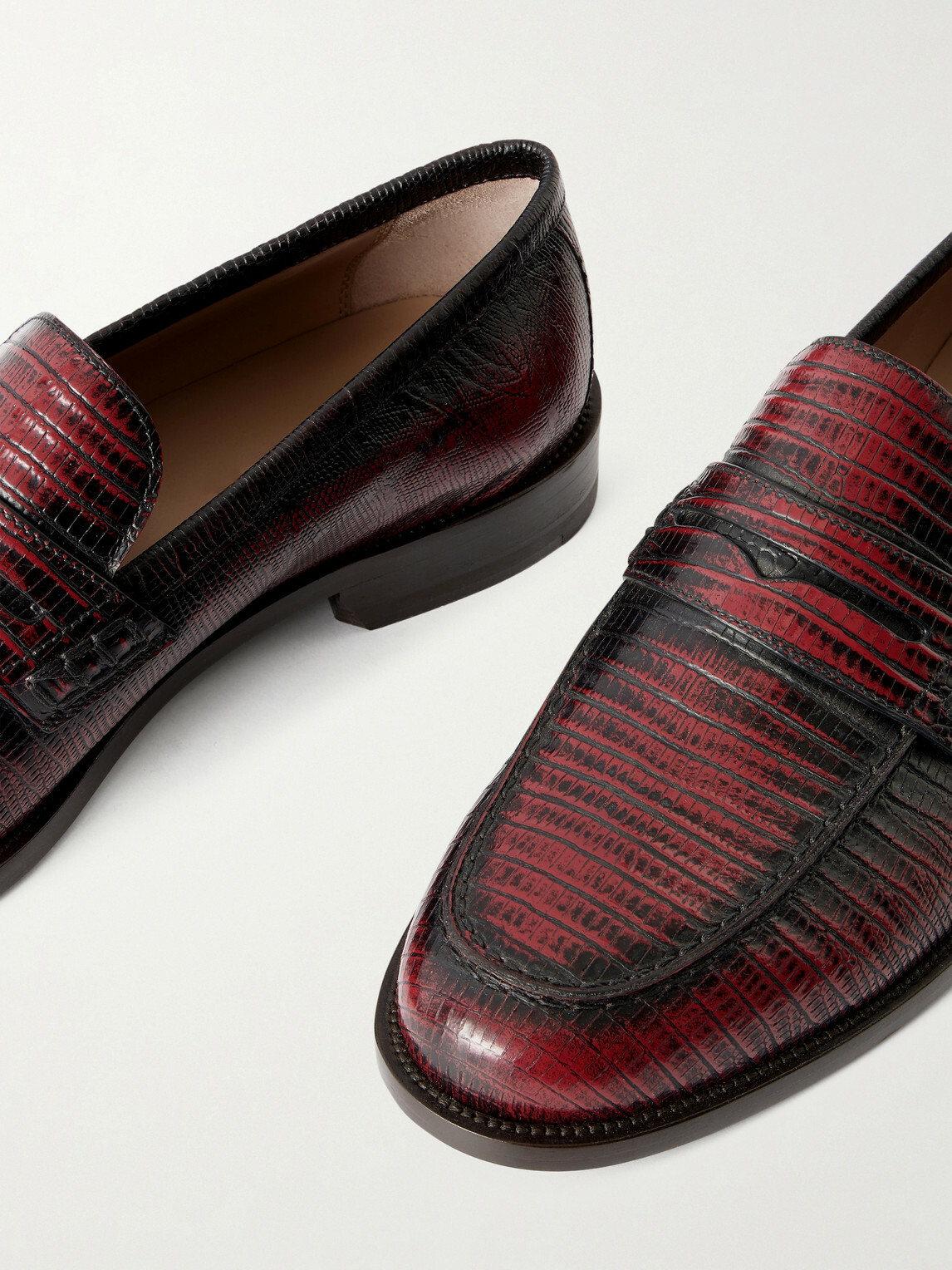 Manolo Blahnik - Perry Lizard-Effect Leather Loafers - Red