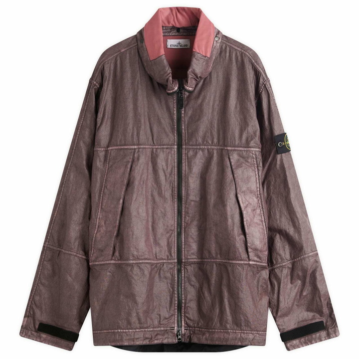 Photo: Stone Island Men's Raw Linen Plated-OVD Short Parka Jacket in Dark Burgundy