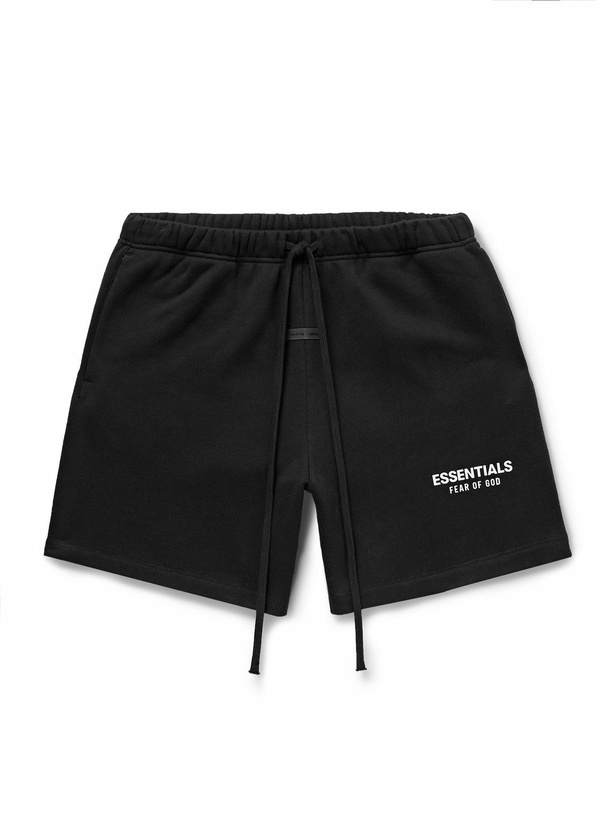 Photo: FEAR OF GOD ESSENTIALS - Straight-Leg Logo-Appliquéd Cotton-Blend Jersey Drawstring Shorts - Black