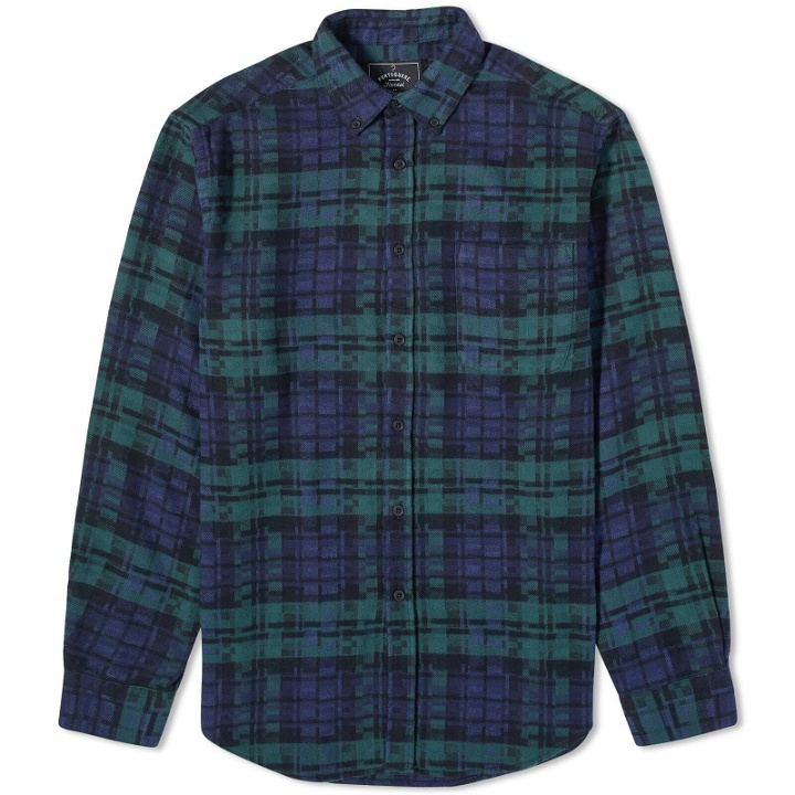 Photo: Portuguese Flannel Men's Abstract Black Watch Button Down Check Sh in Green/Navy