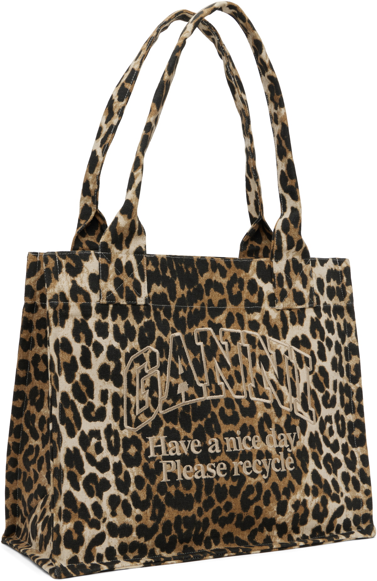 GANNI Beige Leopard-Print Canvas Tote