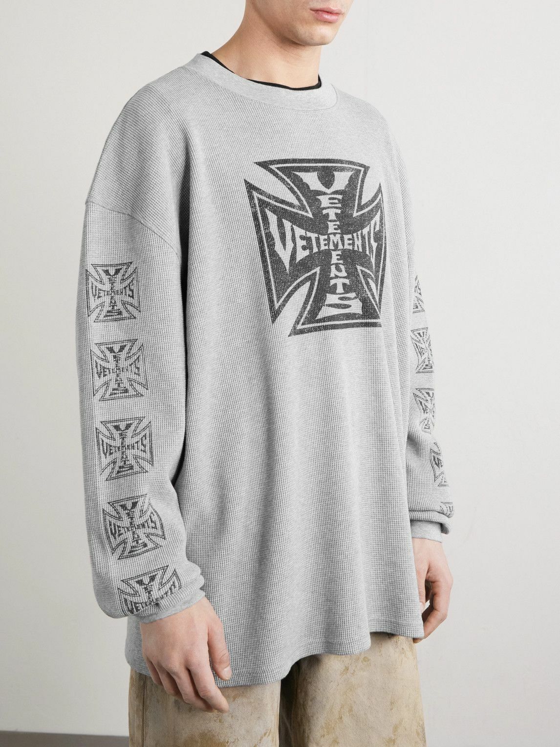 VETEMENTS - Printed Waffle-Knit Cotton Sweater - Gray