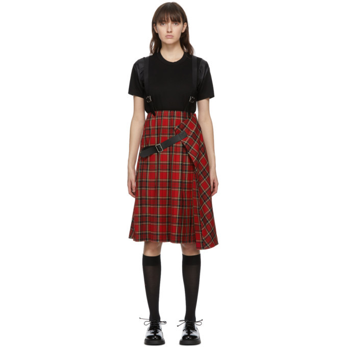 Noir Kei Ninomiya Red Wool and Leather Suspender Skirt Noir Kei 