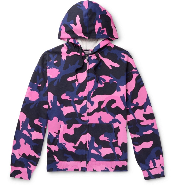 Photo: Valentino - Camouflage-Print Loopback Cotton-Blend Jersey Zip-Up Hoodie - Pink