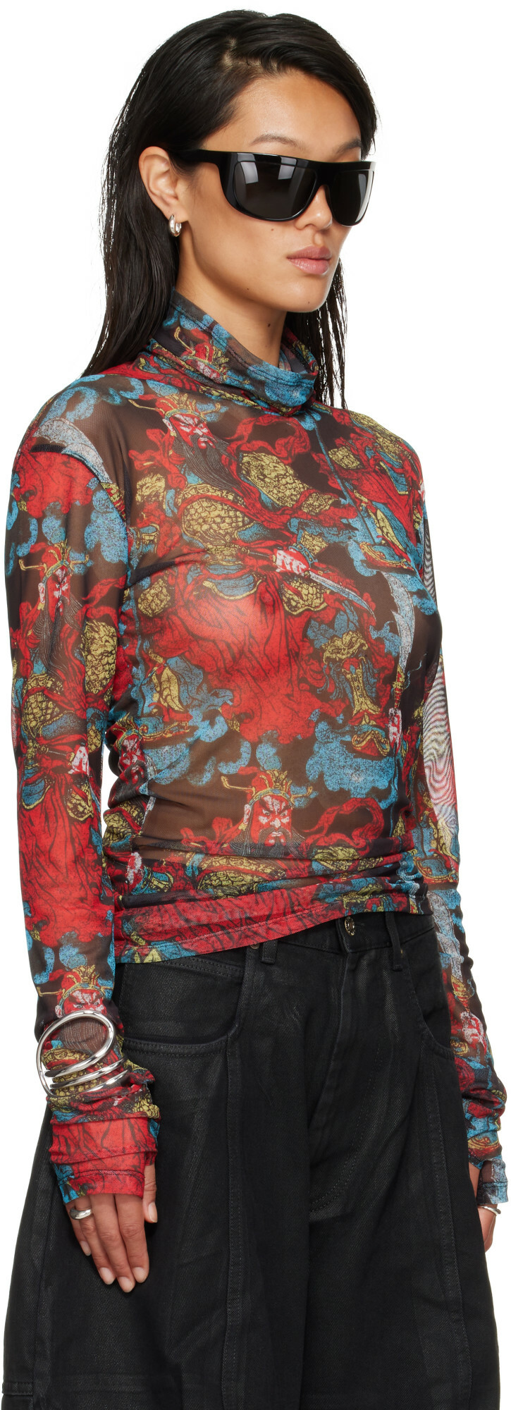 LU'U DAN Red Masked Mesh Turtleneck
