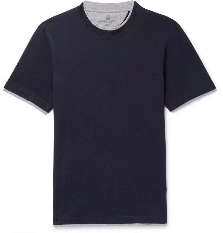 Photo: Brunello Cucinelli - Slim-Fit Layered Cotton-Jersey T-Shirt - Men - Navy