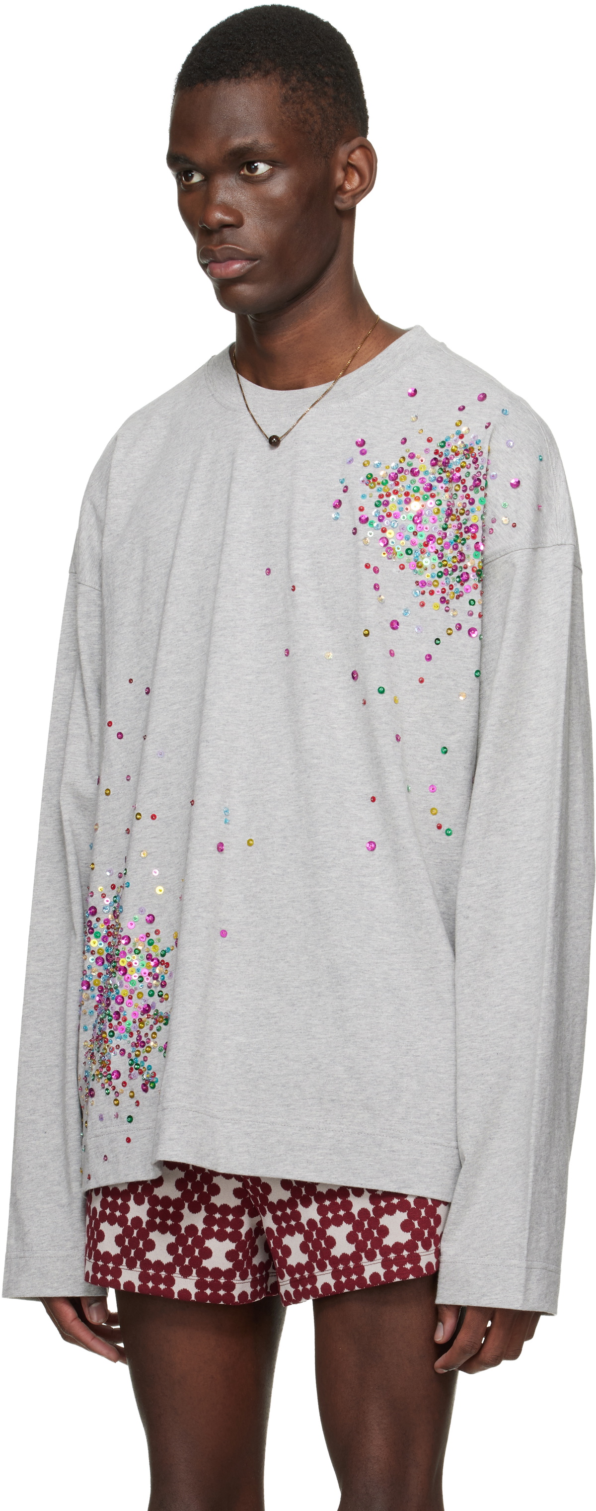 Dries Van Noten Gray Embellished Long Sleeve T-shirt