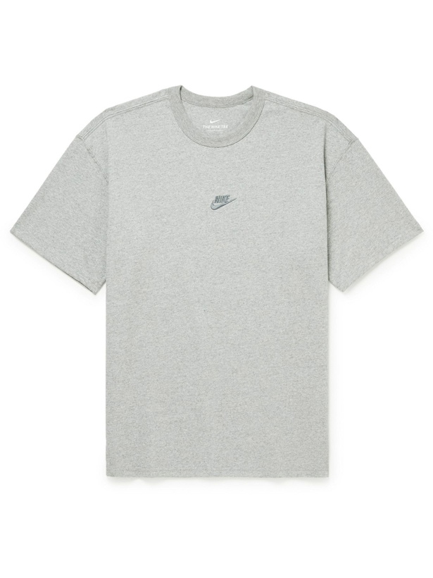 Photo: NIKE - Sportswear Premium Essential Logo-Embroidered Mélange Cotton-Jersey T-Shirt - Gray