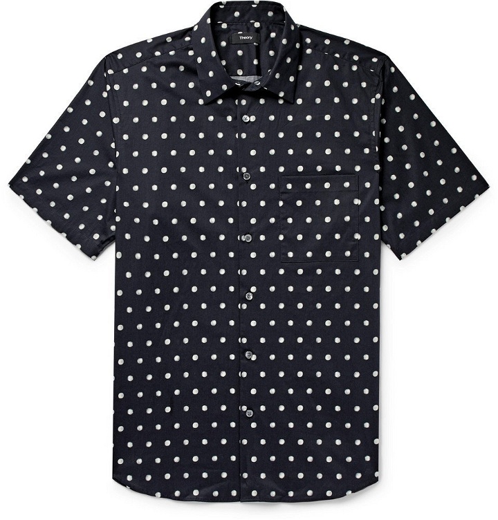Photo: Theory - Virsko Polka-Dot Cotton-Blend Poplin Shirt - Navy