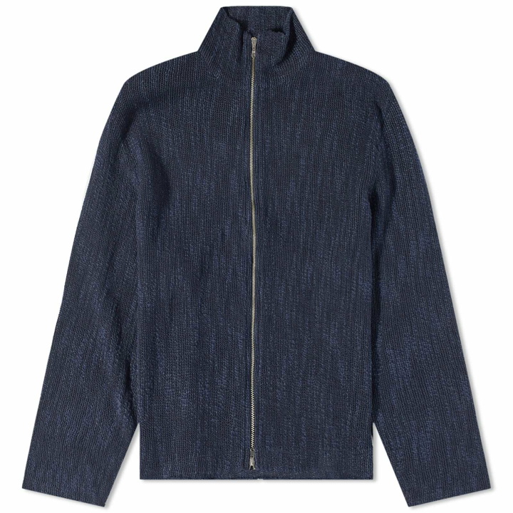 Photo: Our Legacy Men's Checked Zip Track Shirt in Navy Yawning Linen
