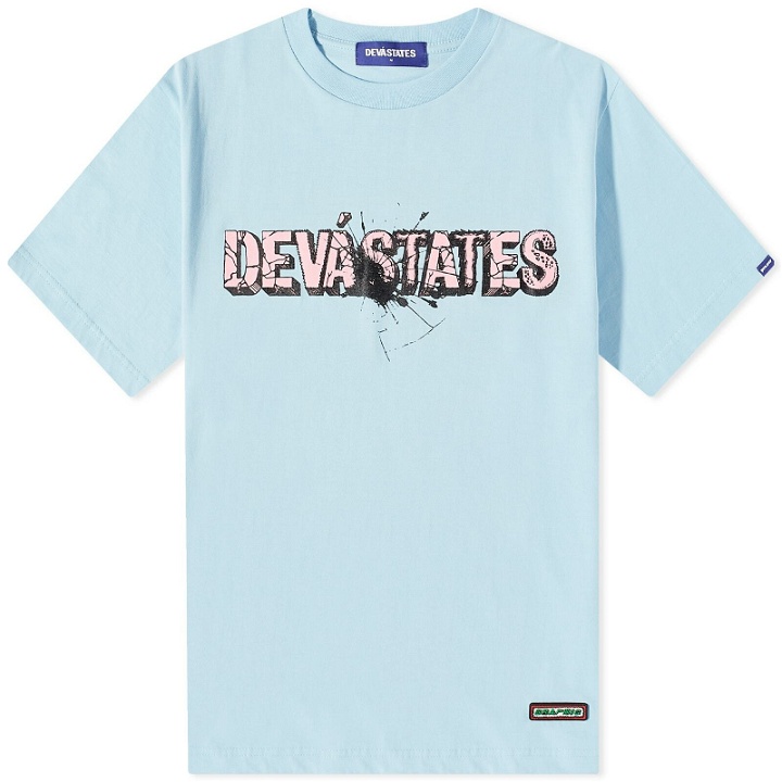 Photo: Deva States Men's Cracked Logo T-Shirt in Washed Blue