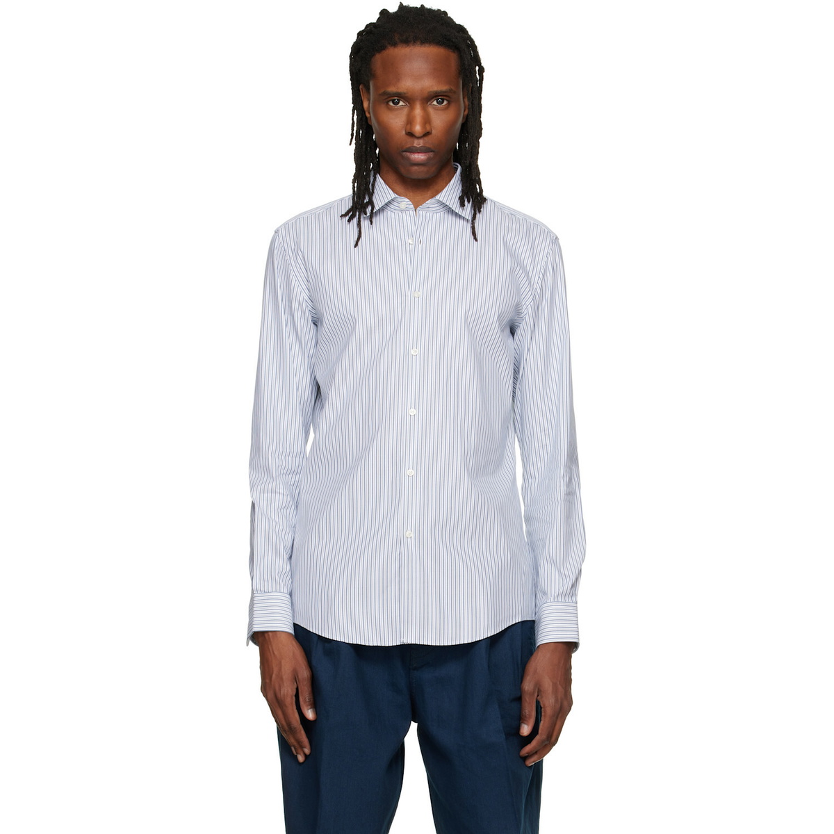 Hugo White & Blue Slim-Fit Oxford Cotton Shirt
